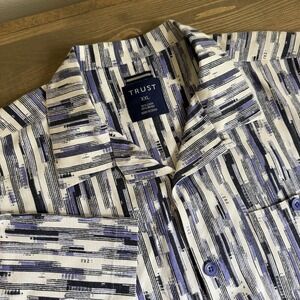 Trust Men's XXL Blue‎ White Linen Blend Short Sleeve Button Up Shirt Top
